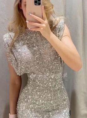 外贸单idem家 蝙蝠袖 圆领收腰亮片连衣裙 成人礼 生日派对气质裙