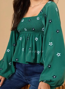 外贸单ALTAR'D家绿色绣花大方领雪纺绣花上衣精致百搭显白上衣
