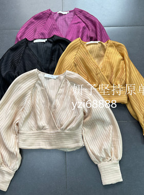 外贸蝙蝠袖褶皱V领长袖雪纺衬衫