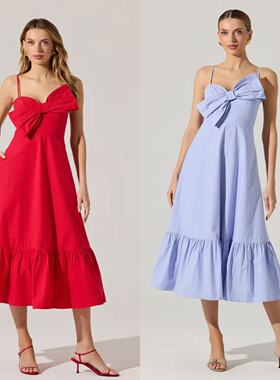 外贸@str 法式约会小礼服收腰气质蝴蝶结A摆吊带大长裙气质连衣裙