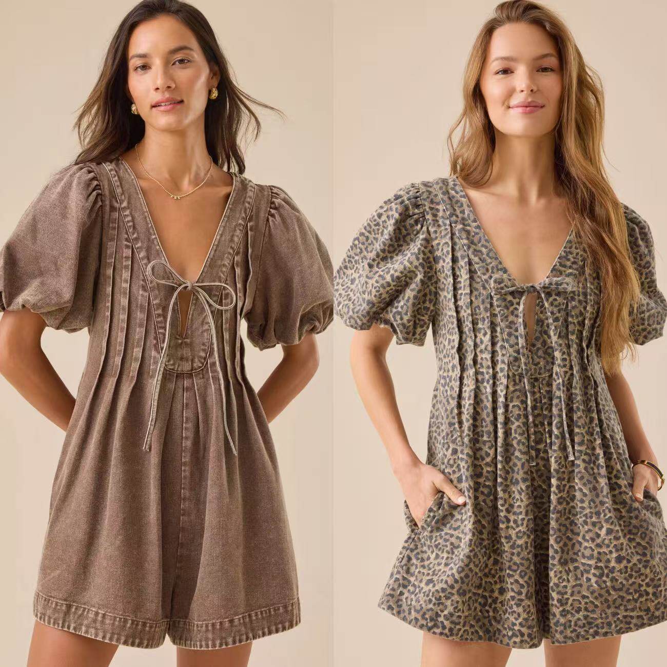 外贸原单纯原褶皱V领连体裤