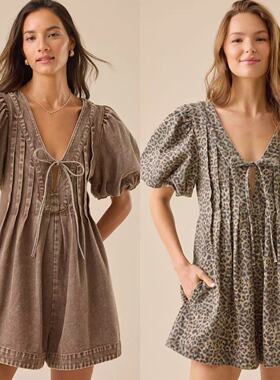 外贸单alt@rd state纯原褶皱V领泡泡袖牛仔连体裤