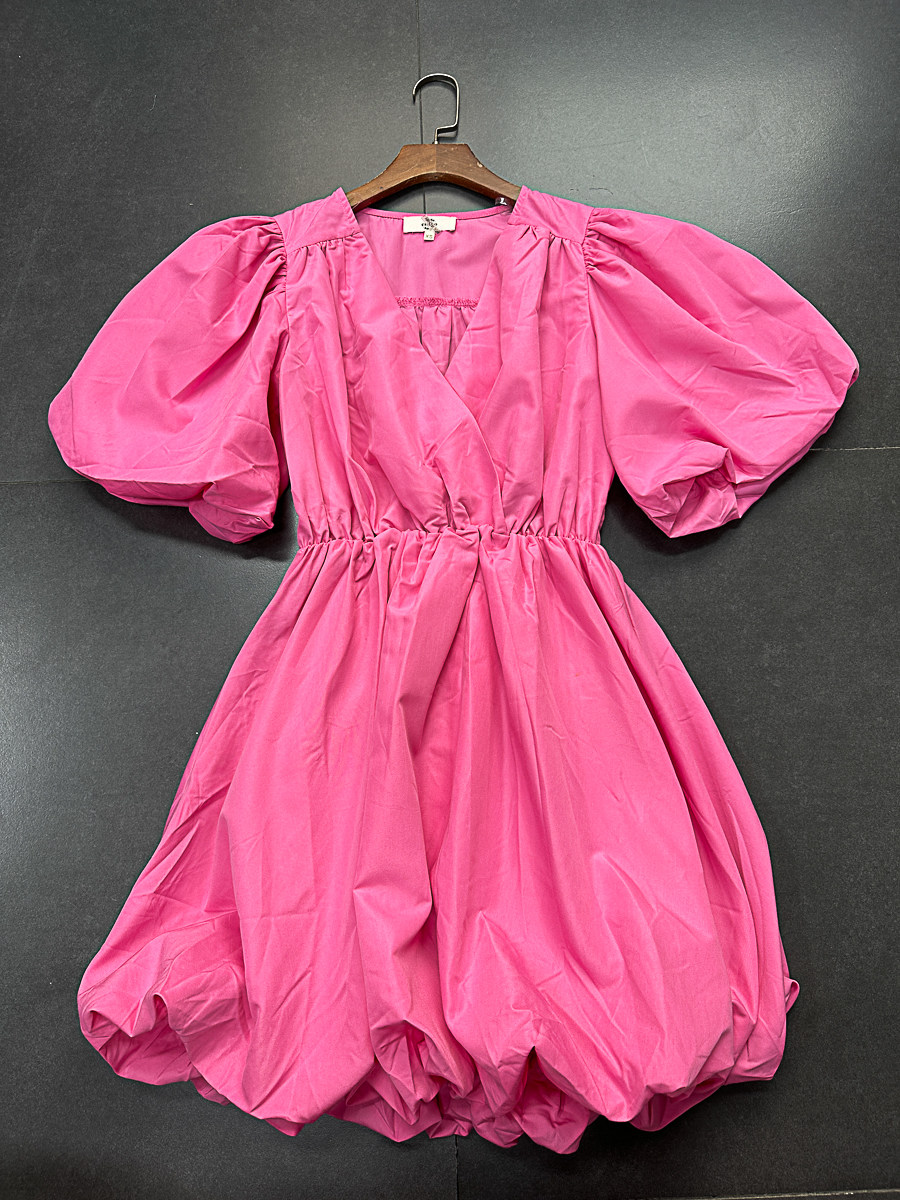 妍子外贸 粉色蓬蓬袖花苞v领连衣裙 粉色公主泡泡袖收腰裙