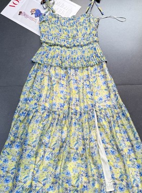 外贸 @str美单纯原重工褶皱蓝黄配色碎花开叉大长裙吊带连衣裙女