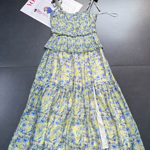 外贸 @str美单纯原重工褶皱蓝黄配色碎花开叉大长裙吊带连衣裙女