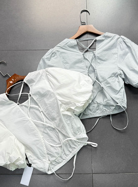 外贸单@STR棉质露背泡泡袖高腰露腰圆领短上衣