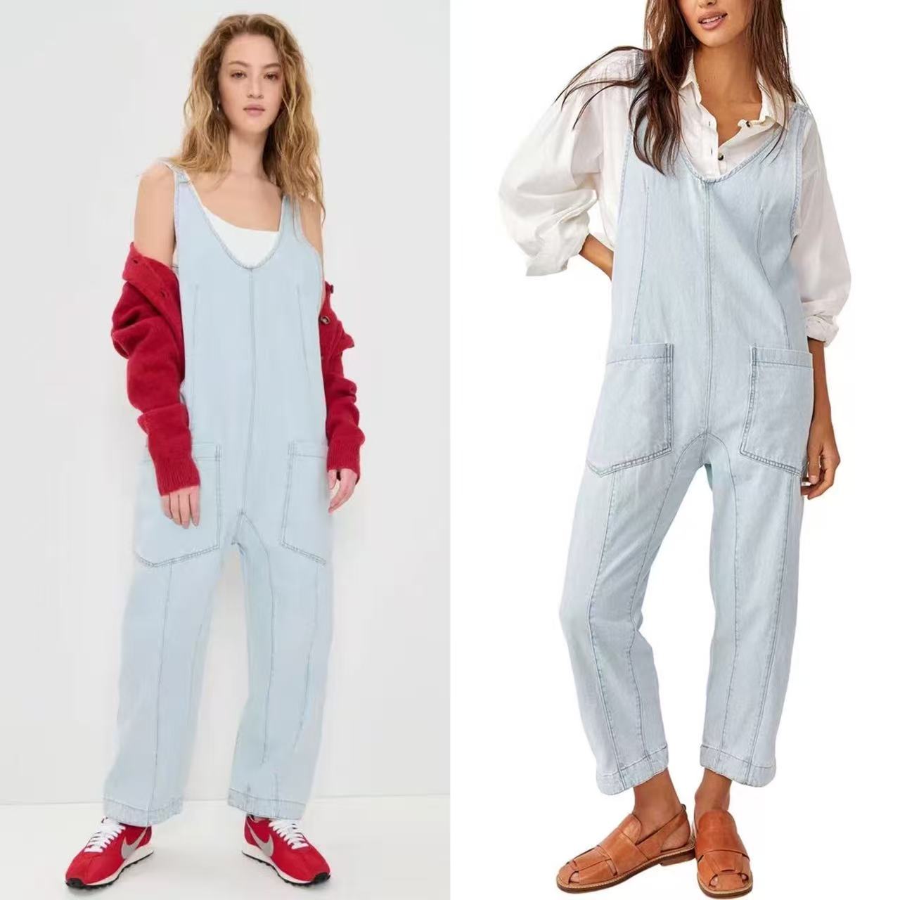 外贸单薄牛仔洗水背带裤连体裤