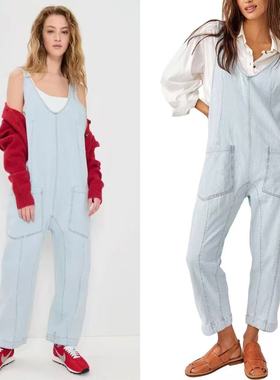 外贸单ALTAR'D ST@TE薄牛仔洗水偏白大U领露背连体裤背带裤长裤女