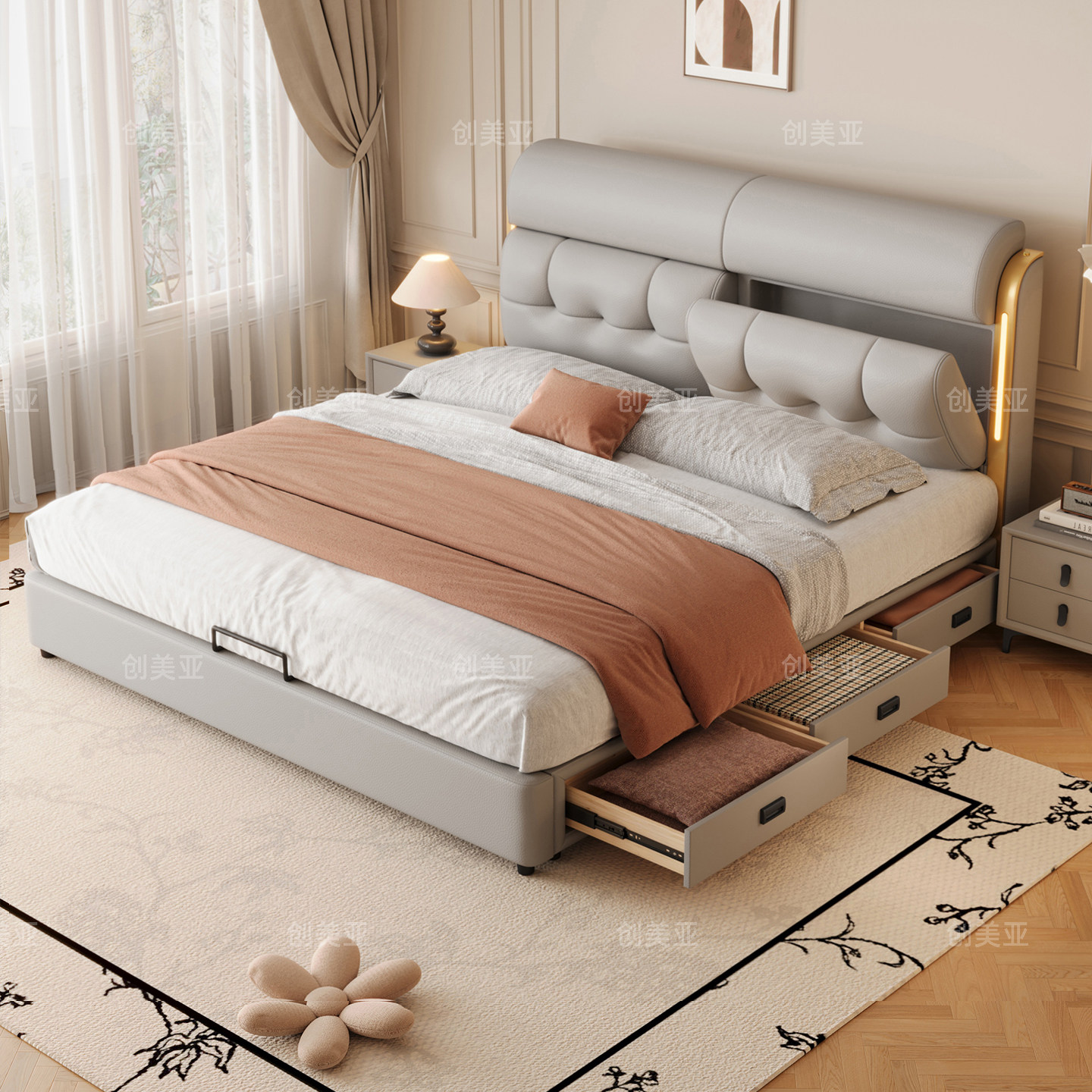 意式轻奢真皮床主卧室1米8双人床2026新款软包婚床多功能储物大床