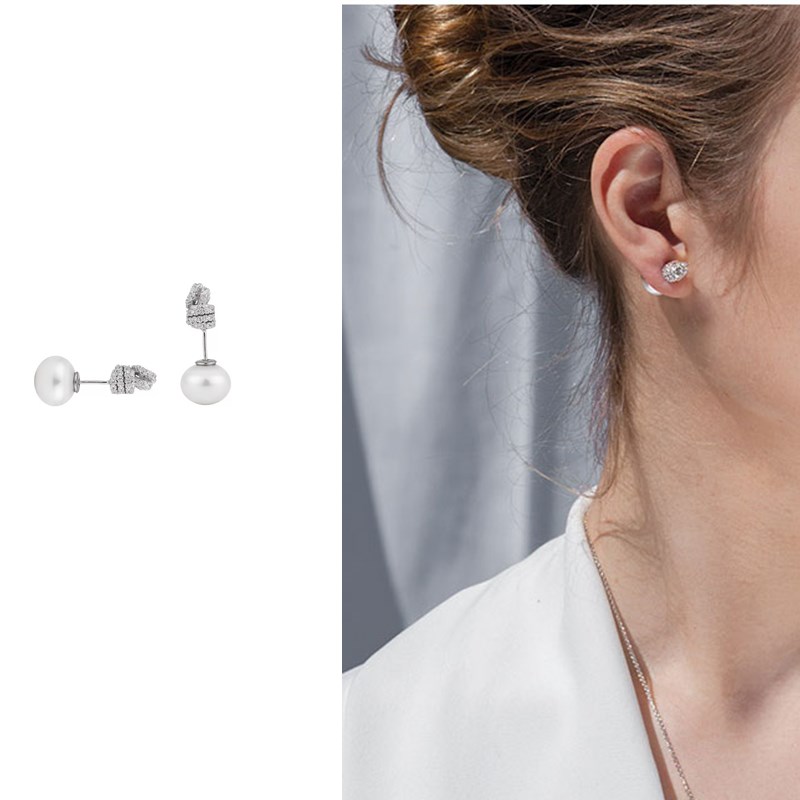欧美风两用不对称满钻耳环珍珠