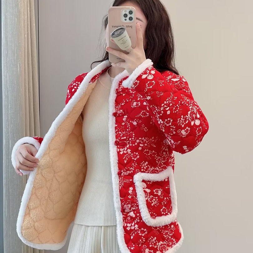 过节大码红色东北大花棉袄女装年轻款碎花网红棉衣棉服秋冬外套