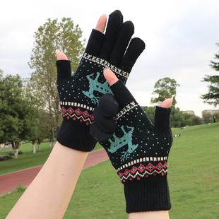 露二指手套女冬保暖可触屏可爱韩版 学生加厚户外骑车防寒针织毛线
