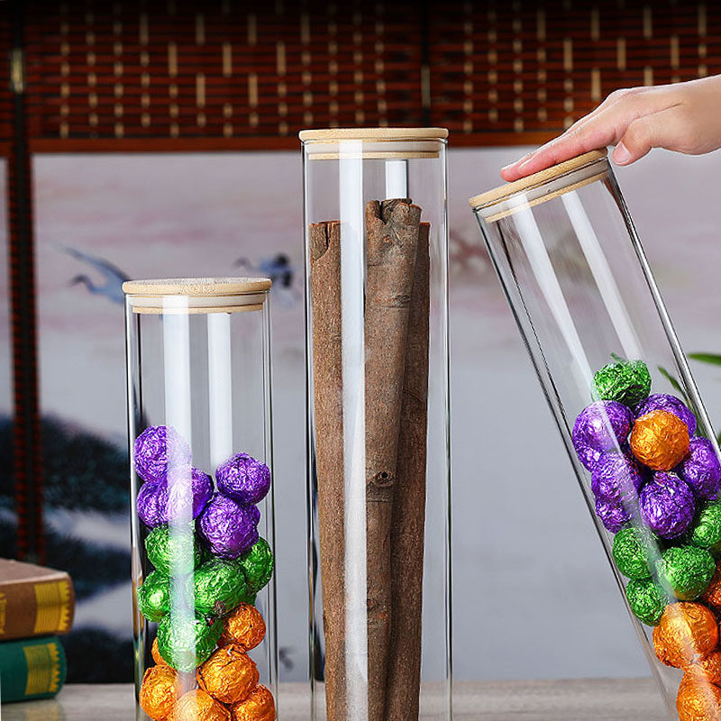 防潮玻璃密封罐透明长玻璃样品展示瓶装饰食品级带竹盖茶叶罐大号