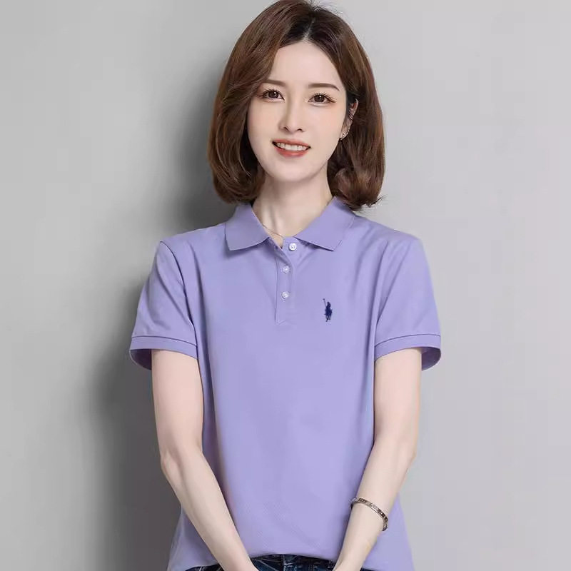 纯棉翻领polo衫女士短袖士t恤夏季宽松带领刺绣有领工作服文化衫