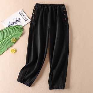 复古盘扣宽松老爹裤 D62 女春秋高腰黑色哈伦牛仔长裤