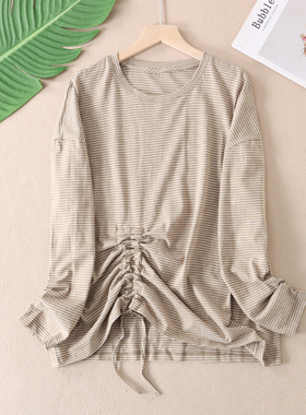 宽松阔版~胖瘦都好穿 春条纹抽绳褶皱显瘦长袖大码棉质T恤女 C624