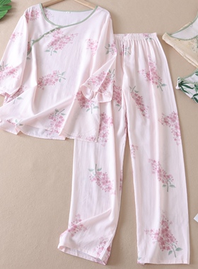 斜襟新中式人造棉睡衣女夏装吸汗透气印花绵绸两件套居家服 W151