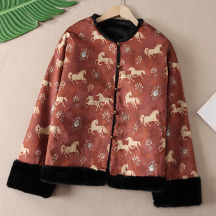 双面穿~复古新中式宋锦提花仿皮草外套女宽松圆领毛绒棉服冬 W269