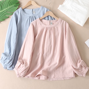 韩系后背单排扣双层纯棉纱圆领长袖 女春秋百搭文艺上衣W145 衬衫