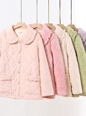 800克~加厚夹棉甜美显白睡衣女菱格法兰绒花边可外穿家居服 F1626