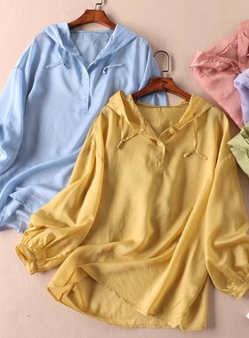 光泽感人鱼姬色系春夏透视套头宽松连帽长袖衬衫女防晒衣薄 WD174