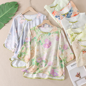 花团锦簇 X174 夏设计感小众汉服 新中式 圆领斜襟丝麻清新印花衬衫