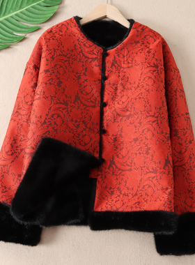 双面穿~仿皮草新中式提花外套喜庆红色圆领保暖冬装拜年棉服 W268