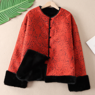 双面穿~仿皮草新中式提花外套喜庆红色圆领保暖冬装拜年棉服 W268