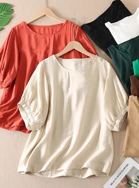 纯色百搭文艺冰丝麻T恤女宽松灯笼短袖圆领透气夏季套头小衫 B854