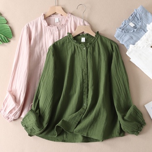 W87 透气亲肤叠穿上衣 文艺木耳边纯棉纱布衬衫 女春秋简约宽松长袖