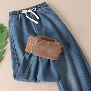 B89 女高腰显瘦宽松休闲长裤 780克 超厚加绒天丝莱赛尔牛仔弯刀裤