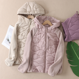 韩版 休闲连帽棉服女冬新轻盈保暖羊毛绗线拼接棉衣外套薄F404 时尚