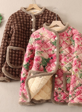 自发热保暖驼绒棉袄女复古印花圆领居家柔软朴素利落棉服外套B366