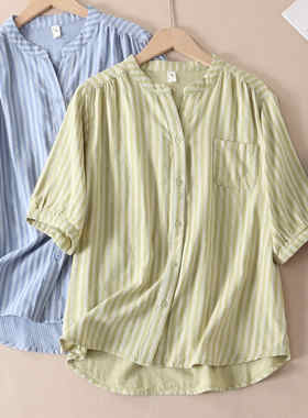 2025夏装新款双层纱清爽条纹文艺纯棉衬衫女宽松透气舒适上衣W262