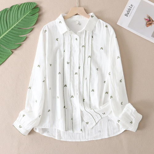 设计感清爽文艺纯棉纱印花白衬衫