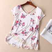 夏季 柔滑亲肤短袖 T恤女显瘦V领底摆睫毛蕾丝半袖 外贸单 汗衫 D611