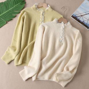 470克 上衣WA372 蕾丝花边半高领毛衣女冬温暖洋气宽松显瘦针织衫