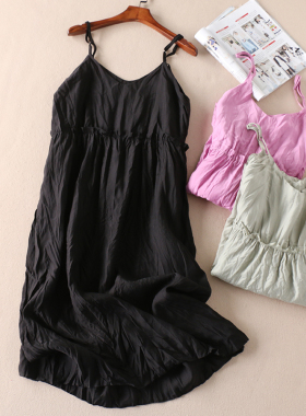 压皱百褶修身吊带裙女夏季高腰显瘦度假外穿V领中长款连衣裙 A347