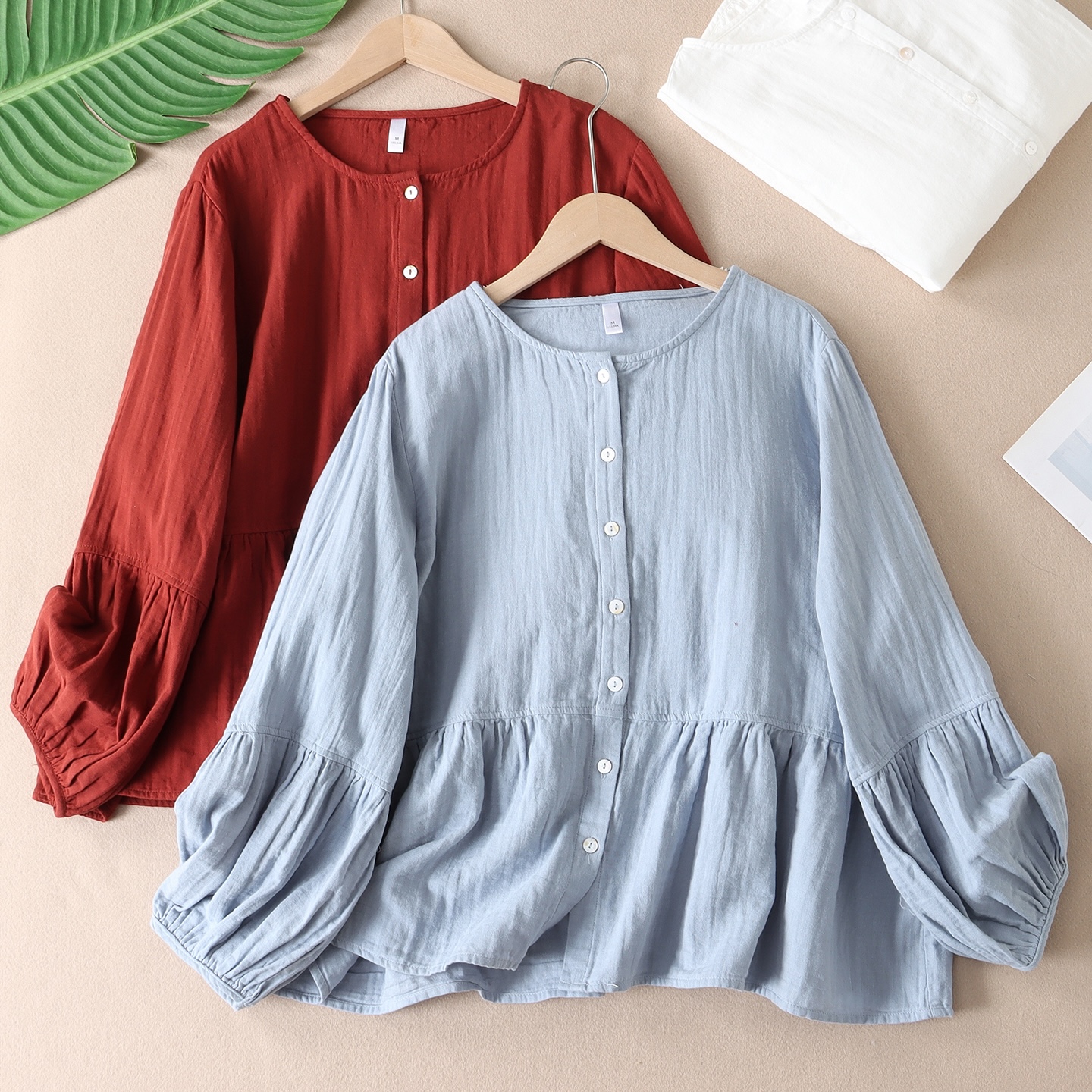 韩版设计感双层纯棉纱长袖衬衫