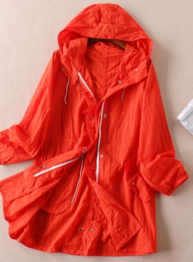 韩版宽松连帽薄外套女春夏中长款显瘦系带休闲长袖防晒衣 D470