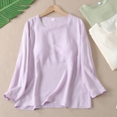 W83 T恤女棉绸睡衣 免穿文胸 胸垫一体春清爽透气人造棉居家长袖