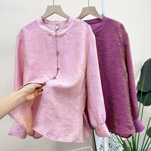 新中式鎏金花萝缎斜襟长袖衬衫