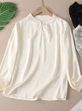高级感极简风珠光缎感立领新中式衬衫女纯色气质长袖套头上衣W447