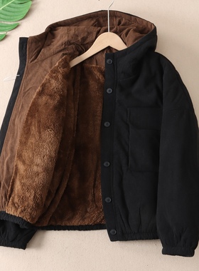 1100克复古工装灯芯绒加绒加厚保暖棉服女冬休闲连帽棉衣外套F333