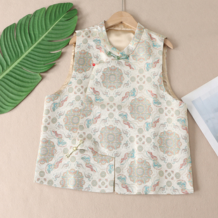 富贵鎏金宋锦提花新中式 坎肩外套W323 盘扣斜襟马甲女秋冬立领无袖