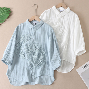 文艺气质立体蕾丝纯棉纱七分袖衬衫女夏设计感不规则防晒衬衣W448