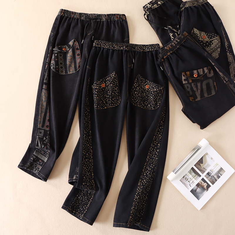 复古民族风印花阔腿牛仔裤女秋新设计感高腰口袋宽松长裤子 WD180