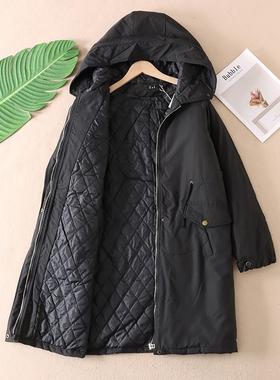 薄款工装风休闲连帽棉衣女秋冬宽松收腰抽绳显瘦过膝棉服外套A854