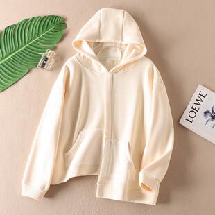 秋冬加绒卫衣女休闲不规则底摆撞色口袋连帽套头宽松绒衫上衣WC39