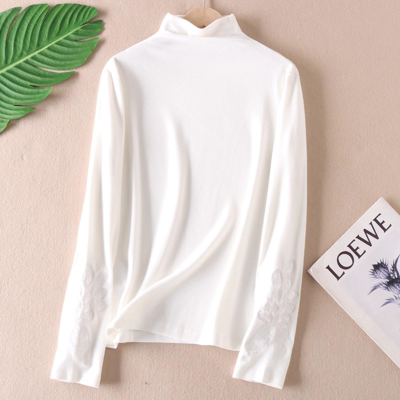 时尚刺绣孔雀新中式打底衫女半高领发热德绒保暖长袖冬季T恤W2220